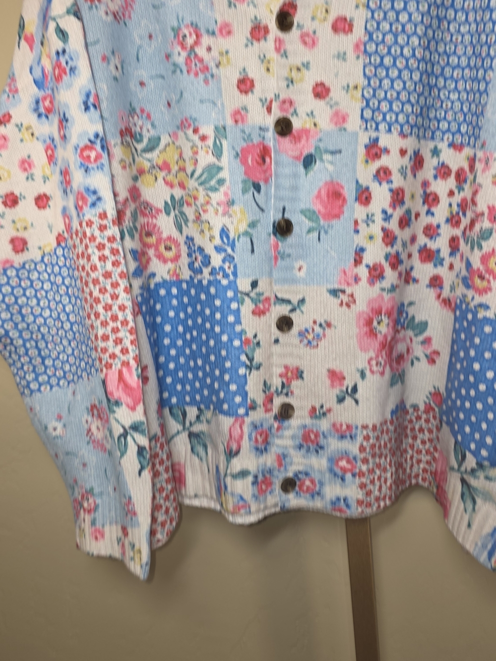 Patchwork Floral Polka Dot Oversized Button-Front Sweater Cardigan in Pink Blue - Picture 3 of 9
